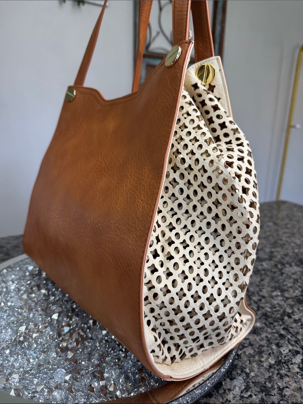 Big Buddha Tan & Cream Laser-Cut Shoulder Bag - Picture 4 of 12